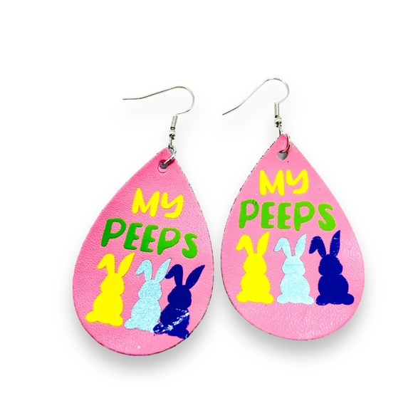 Easter Bunny Peeps  Teardrop Faux Leather Earrings - Picture 3 of 4